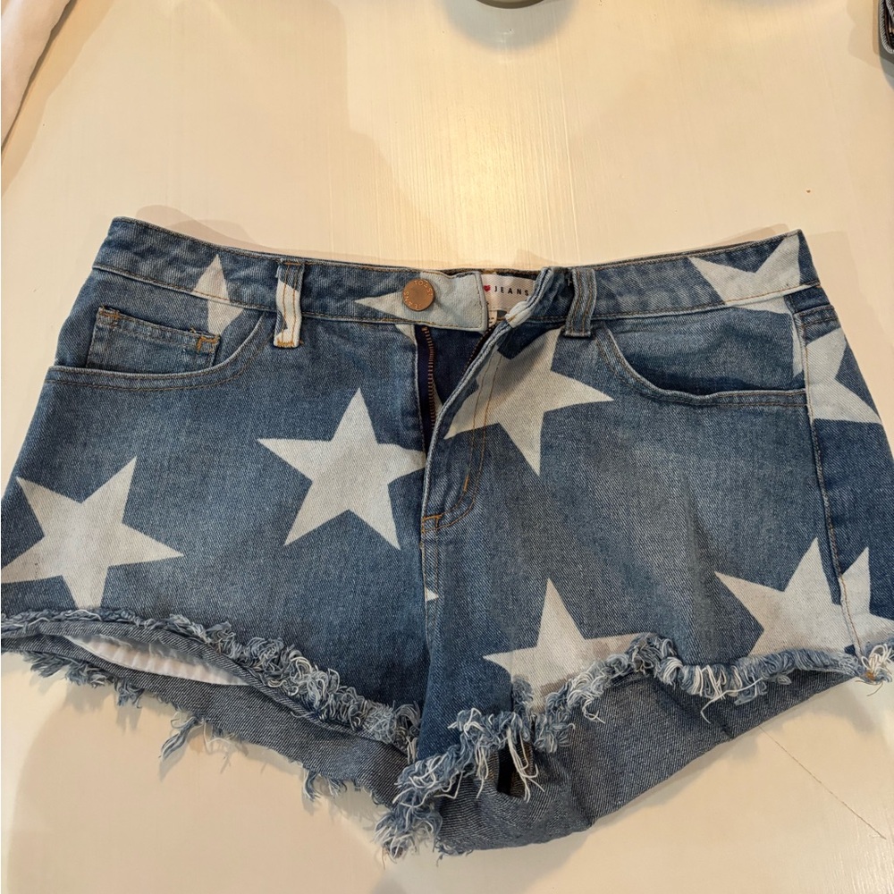 We The Free Blue and White Jean Shorts Star Pattern